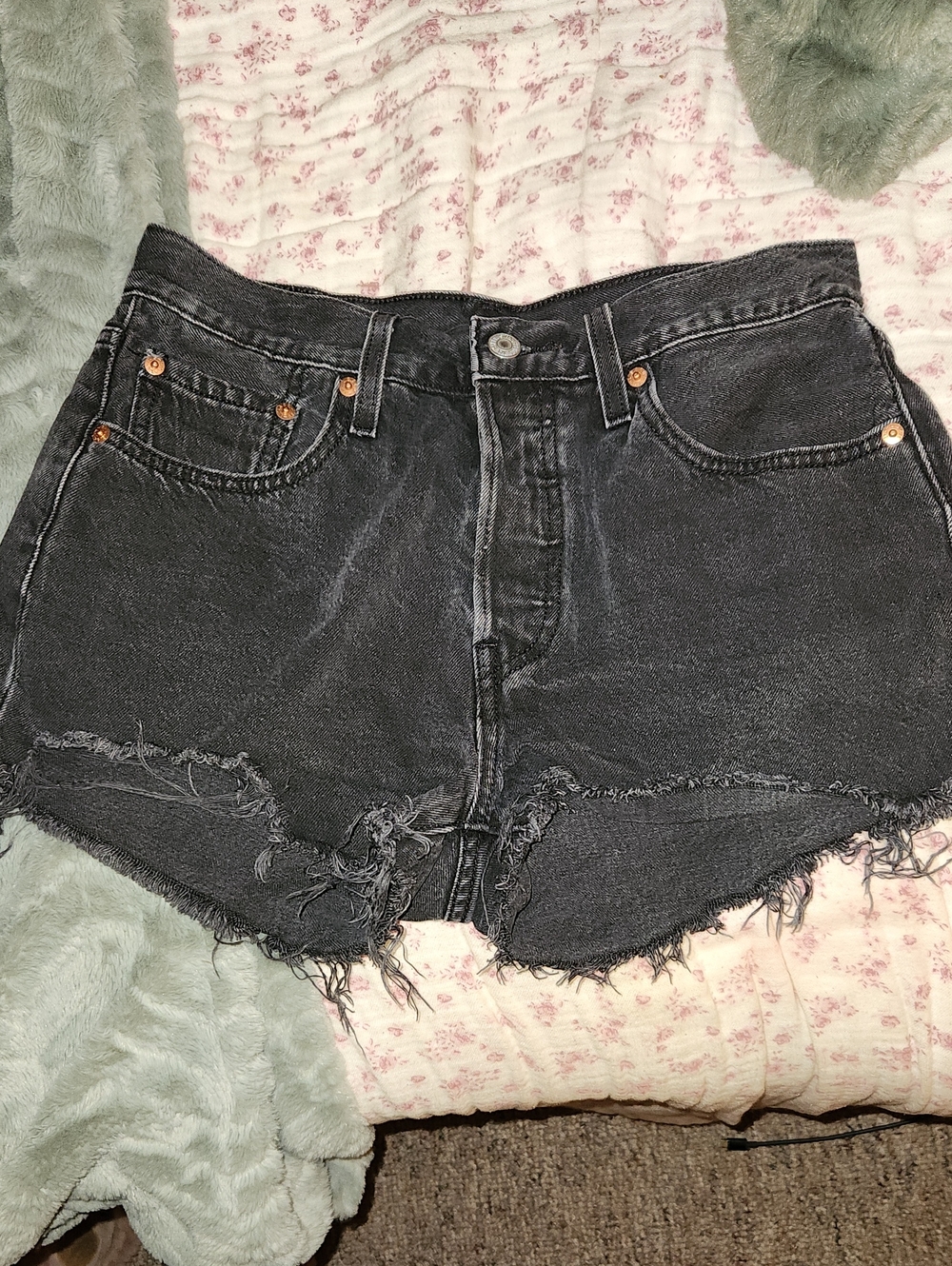 Levi's 501 Black Washed Frayed Cutoff Denim Shorts